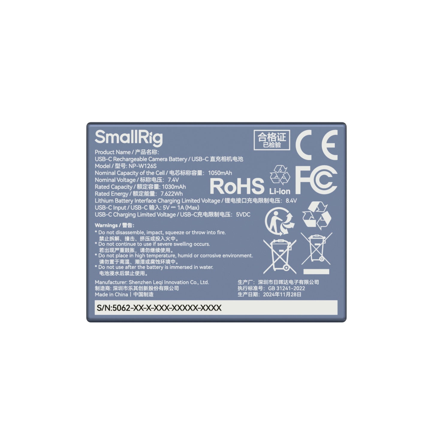 SmallRig NP-W126S USB-C Rechargeable Camera Battery 5062